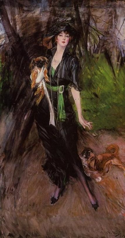 Portrait of Lady Lina Bilitis with Two PekinesenDeutsch: Portrat der Lady Lina Bilitis mit zwei PekingesennPolski: Portret Lady Liny Bilitis z dwoma pekinczykamin autorstwa Giovanni Boldini