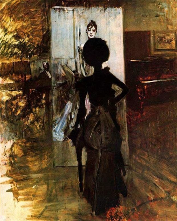 Kobieta w czerni, która ogląda pastel Signory Emiliana Concha de Ossan autorstwa Giovanni Boldini