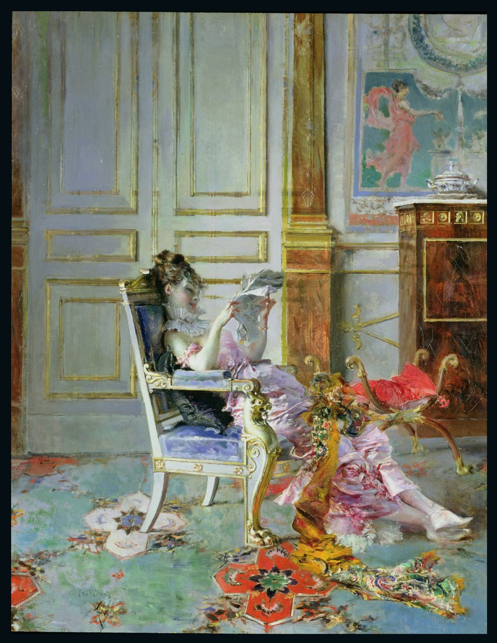 Dziewczyna czytająca w salonie, 1876 autorstwa Giovanni Boldini