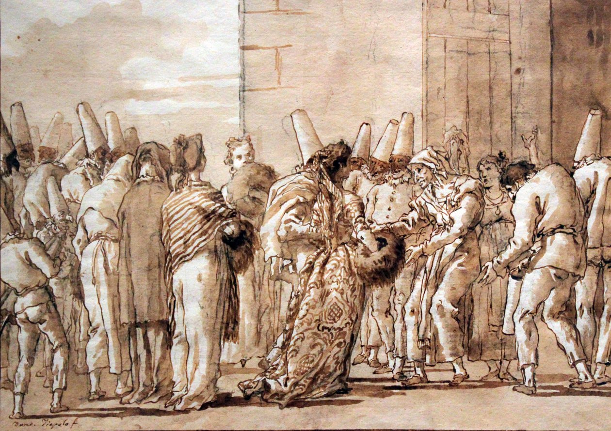 Ojciec Pulcinelli prowadzi swoją narzeczoną do domu autorstwa Giovanni Domenico Tiepolo