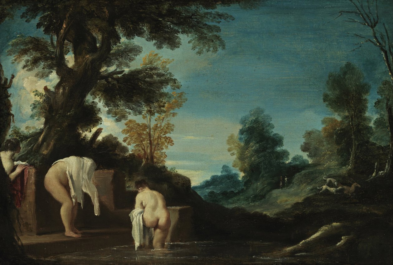 Krajobraz z kąpiącymi się kobietami autorstwa Giovanni Francesco Barbieri
