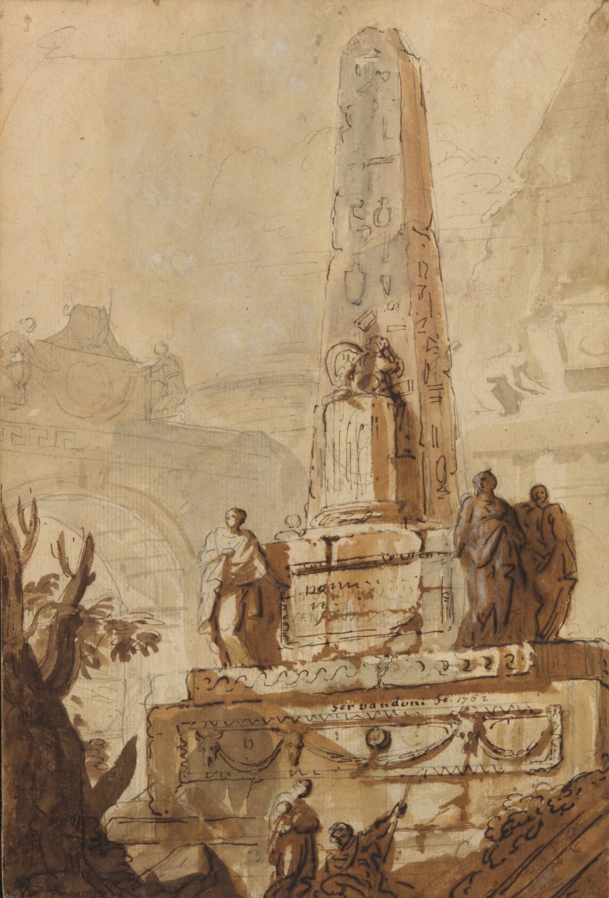 Egipski obelisk w krajobrazie z ruinami, łukiem i piramidą autorstwa Giovanni Niccolo Servandoni