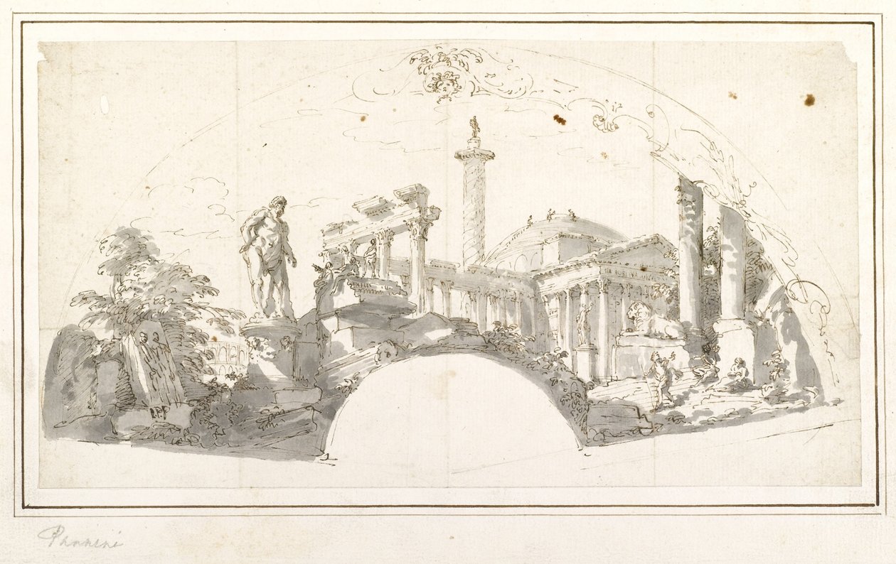 Projekt dla wachlarza - Capriccio z rzymskimi ruinami i Herkulesem Farnese autorstwa Giovanni Paolo Pannini