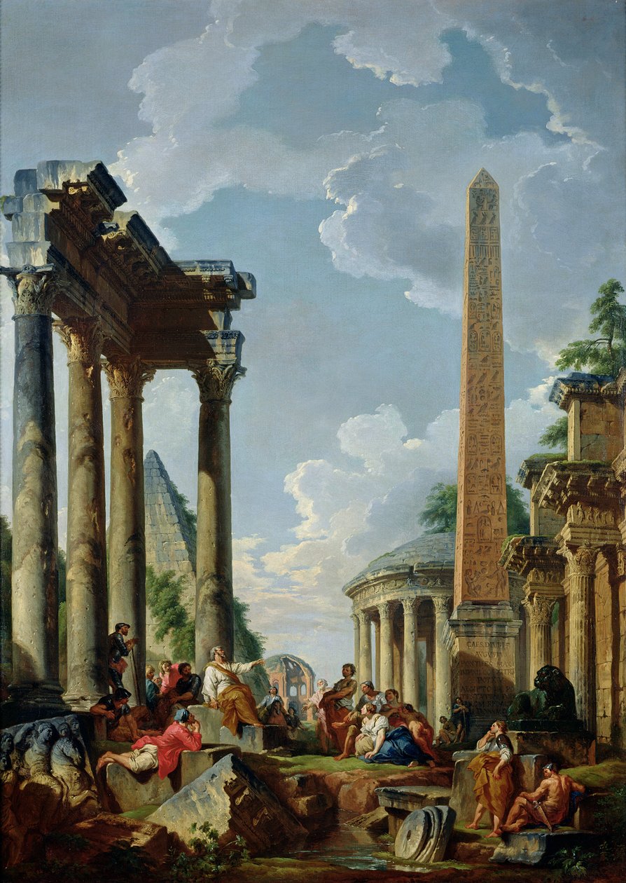 Kaprys architektoniczny z kaznodzieją w ruinach, ok. 1745 autorstwa Giovanni Paolo Pannini
