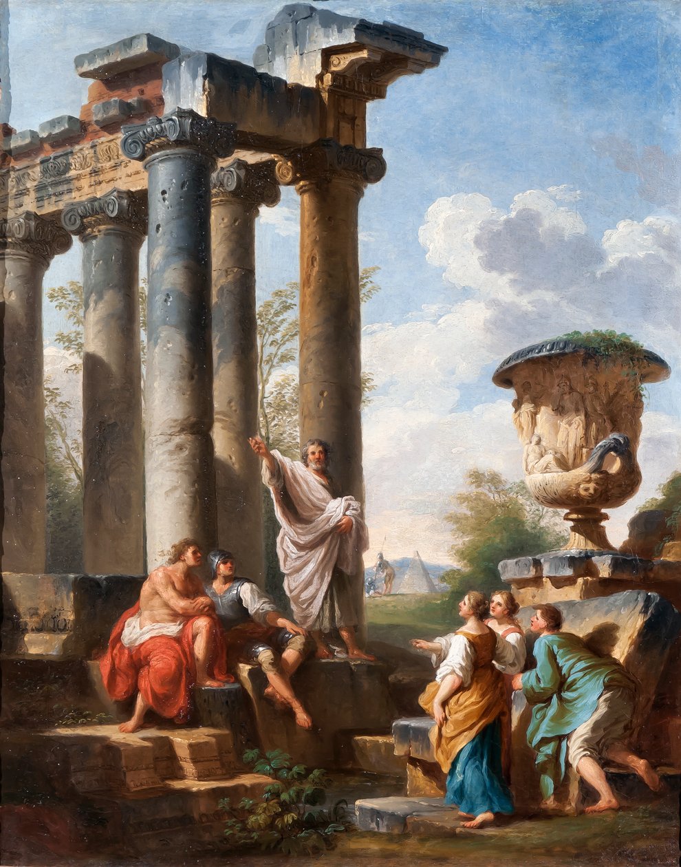 Capriccio z kaznodzieją świętego, waza Medyceuszy, zrujnowana świątynia i Piramida Cestiusza, ok.1745 autorstwa Giovanni Paolo Pannini