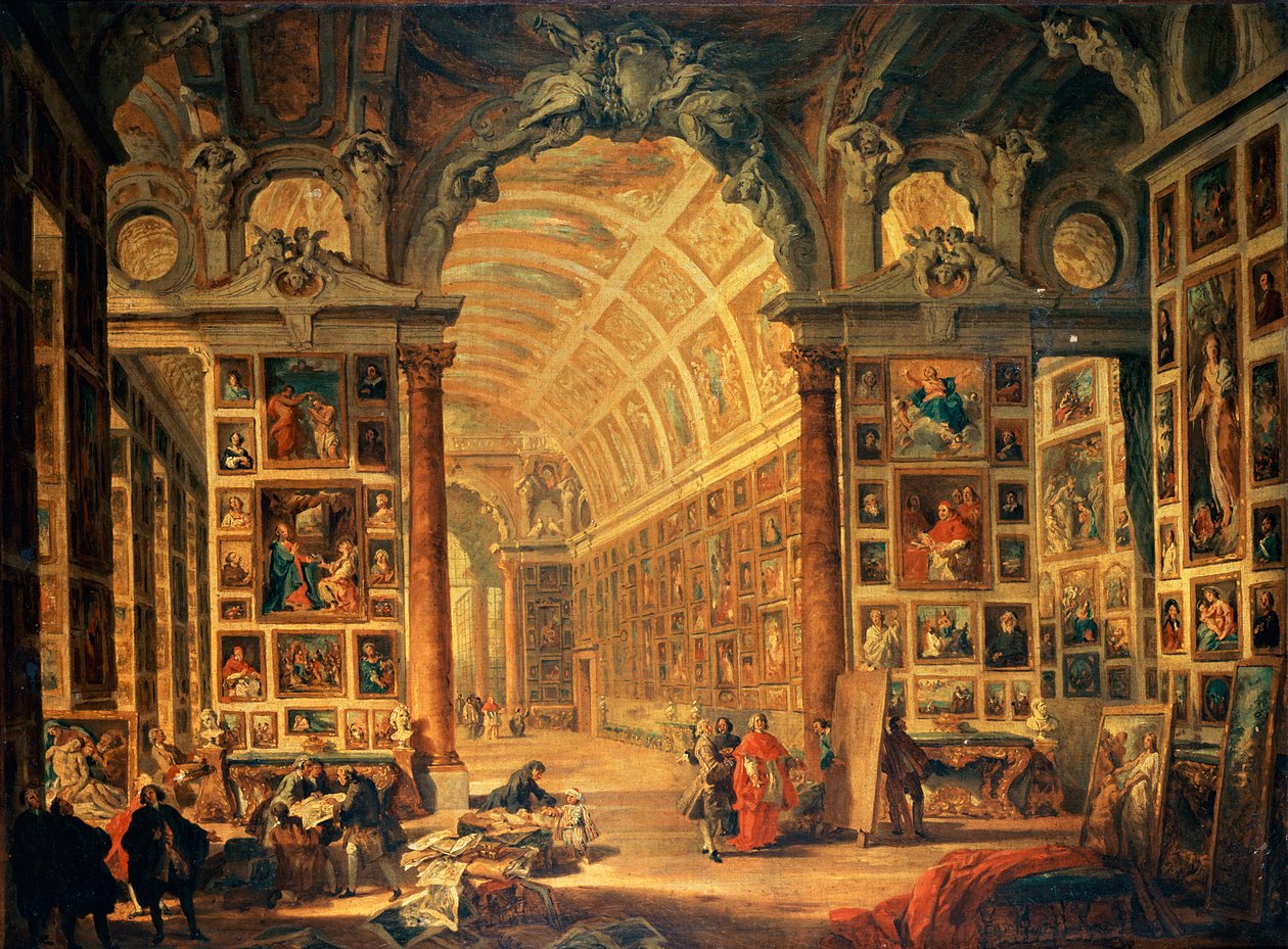 Widok wnętrza Galerii Colonna, Rzym autorstwa Giovanni Paolo Pannini