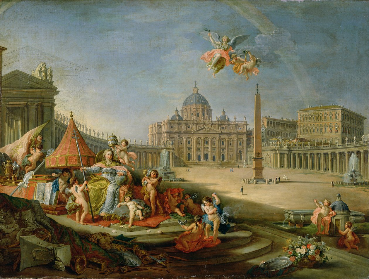 Piazza San Pietro, Rzym z alegorią triumfu papiestwa, 1757 r. autorstwa Giovanni Paolo Pannini
