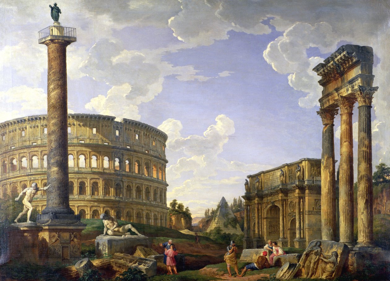 Roman Capriccio ukazujący Koloseum, Wojownika Borghese, Kolumnę Trajana, Umierającą Galię, Grobowiec Cestiusza, Łuk Konstantyna oraz Świątynię Kastora i Polluksa autorstwa Giovanni Paolo Pannini