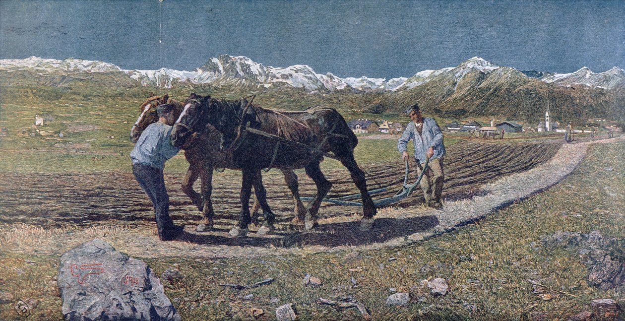 Chłopi orzą pole na północy Włoch, ilustracja z czasopisma "Allemand Jugend". 1879 autorstwa Giovanni Segantini