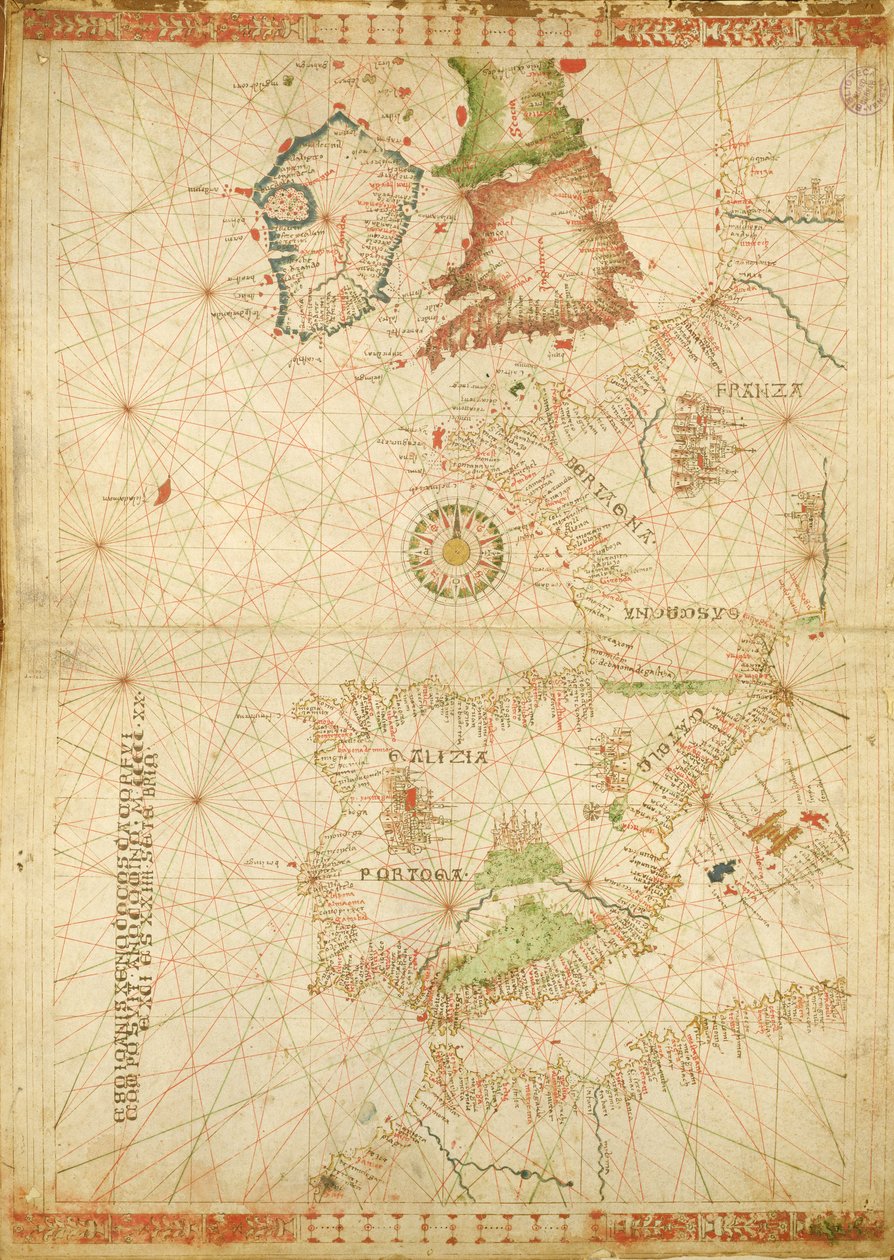 Wybrzeża Atlantyku Europy i Afryki, z atlasu morskiego, 1520 (atrament na welinie) (patrz także 330911-330912) autorstwa Giovanni Xenodocus da Corfu