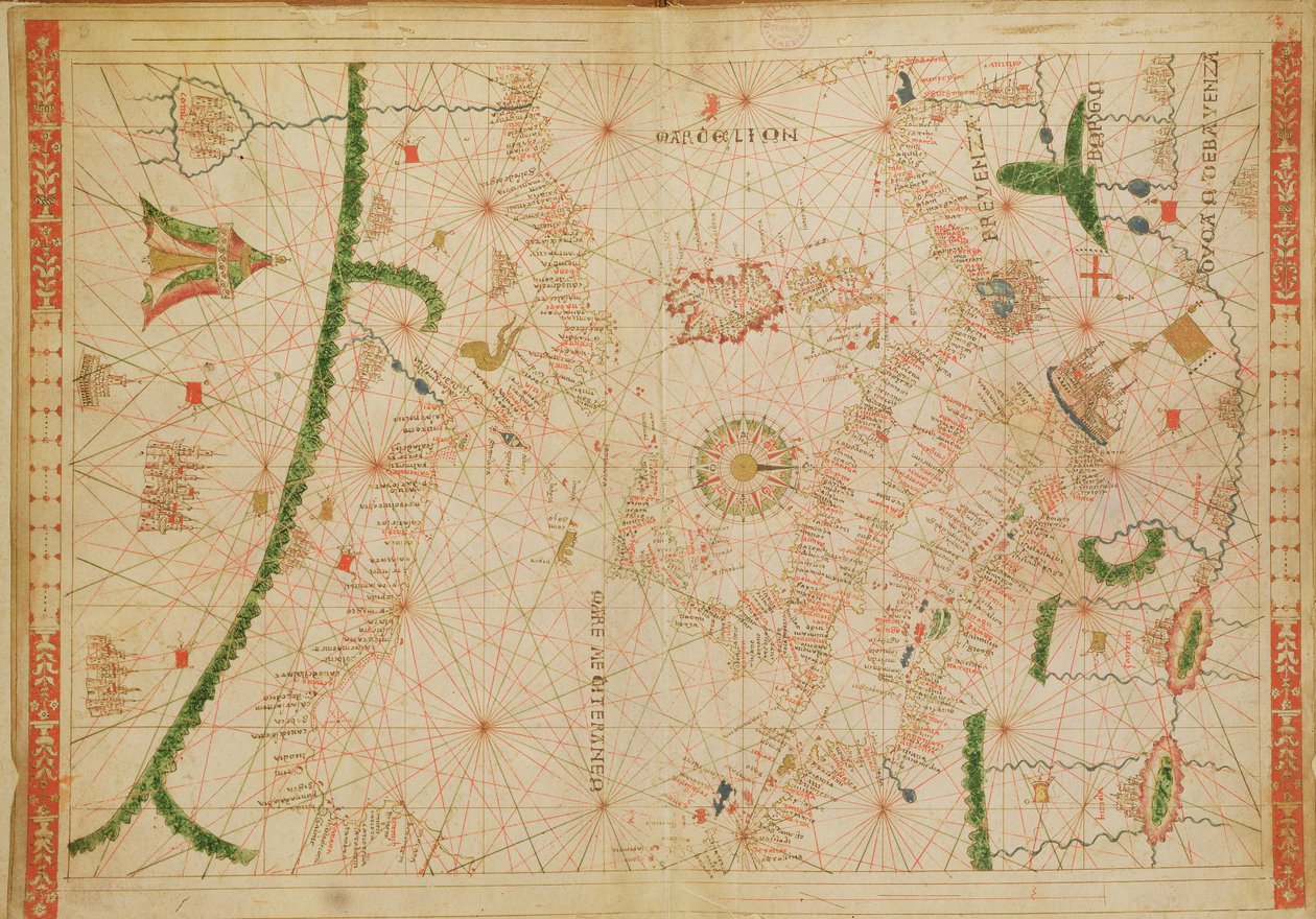 Środkowa część Morza Śródziemnego, z atlasu morskiego, 1520 (atrament na welinie) (patrz także 330916-330918) autorstwa Giovanni Xenodocus da Corfu