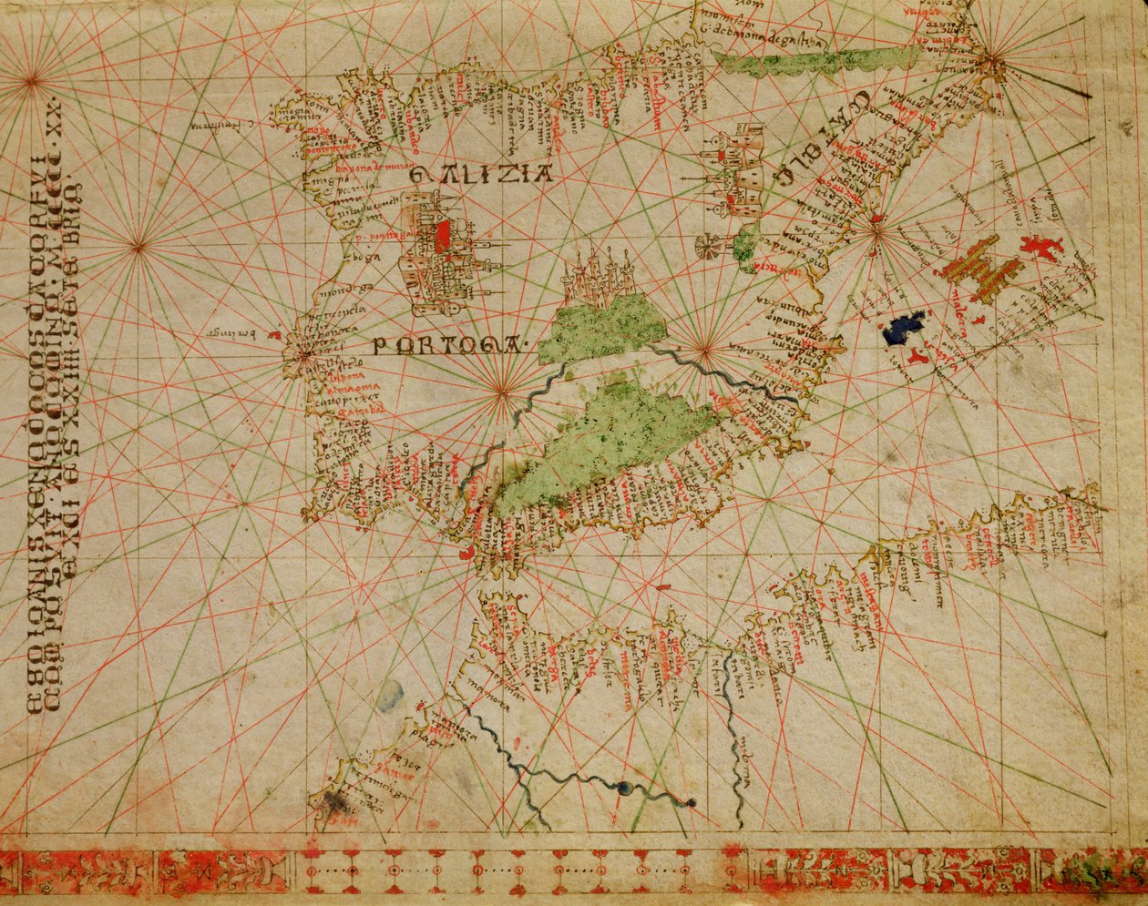 Półwysep Iberyjski i północne wybrzeże Afryki, z atlasu morskiego, 1520 (atrament na welinie) (szczegół z 330910) autorstwa Giovanni Xenodocus da Corfu