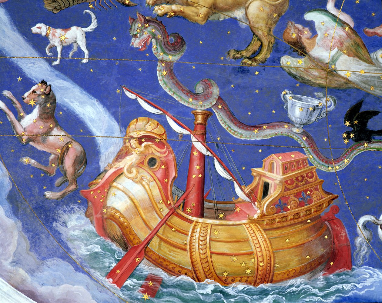 Scena zodiaku z galeonem, detal ze sklepienia "Sala del Mappamondo" (Sala Map Świata), ok. 1574-5 r. autorstwa Giovanni de Vecchi