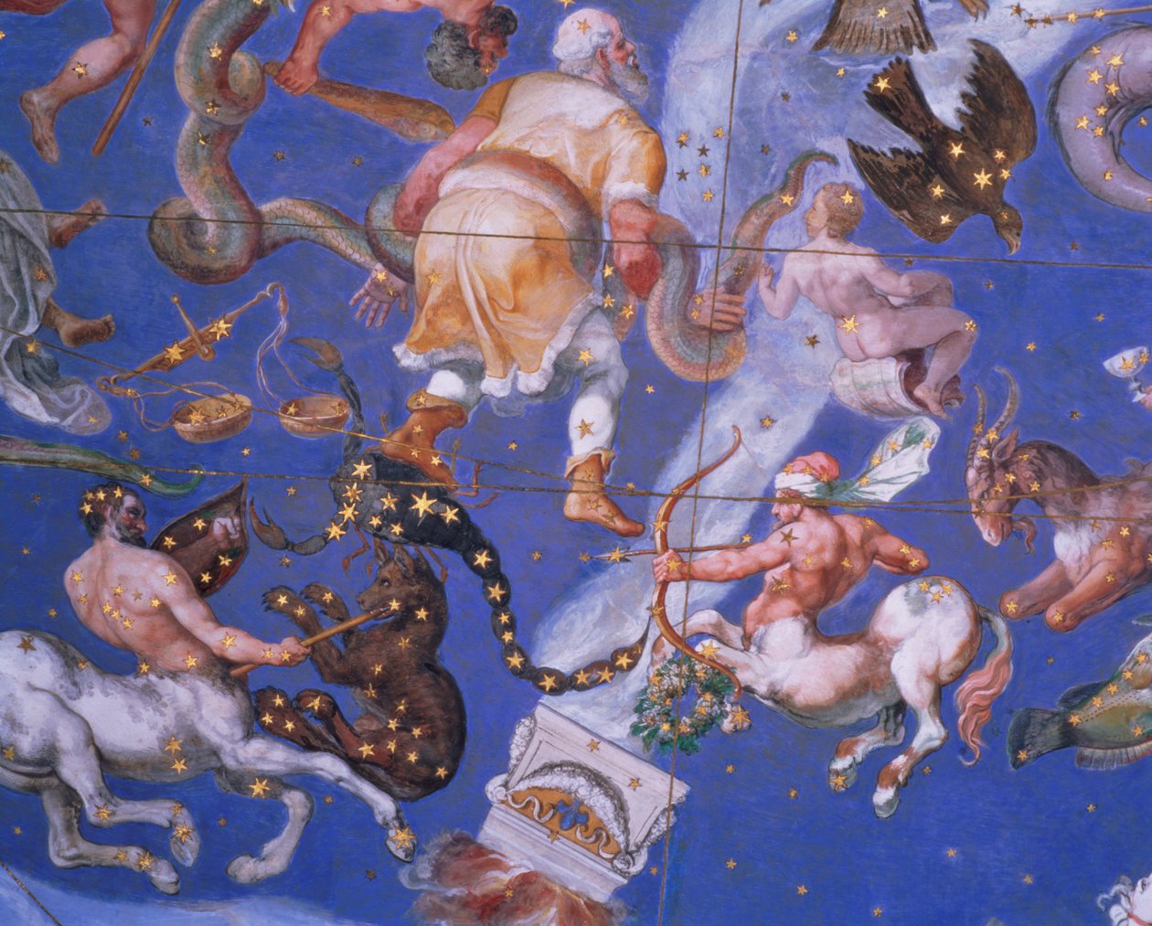 Znaki zodiaku, w tym walczące centaury, szczegół ze skarbca „Sala del Mappamondo” (Sala Map Świata) c.1574-5 autorstwa Giovanni de Vecchi