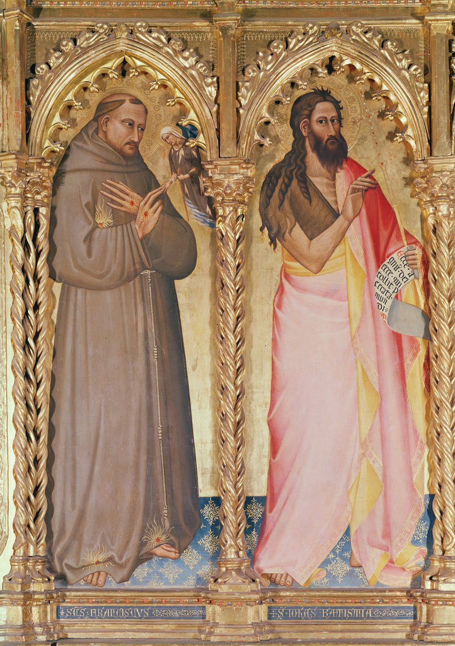 Św. Franciszek z Asyżu i Św. Jan Chrzciciel, fragment obrazu Dziewicy z Dzieciątkiem na tronie w otoczeniu świętych (tempera na panelu) (patrz także 438870) autorstwa Giovanni del Biondo dal Casentino
