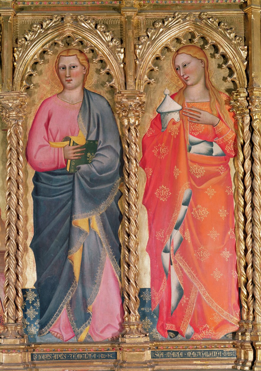 Św. Jan i Św. Maria Magdalena, fragment z Dziewicy z Dzieciątkiem na tronie w otoczeniu świętych (tempera na panelu) (patrz także 438871) autorstwa Giovanni del Biondo dal Casentino