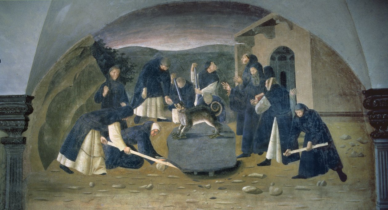 Św. Benedykt podnoszący upadłą skałę, fragment cyklu fresk Żywot św. Benedykta z Chiostro degli Aranci (Klasztor Pomarańczowy) ok. 1430 autorstwa Giovanni di Consalvo