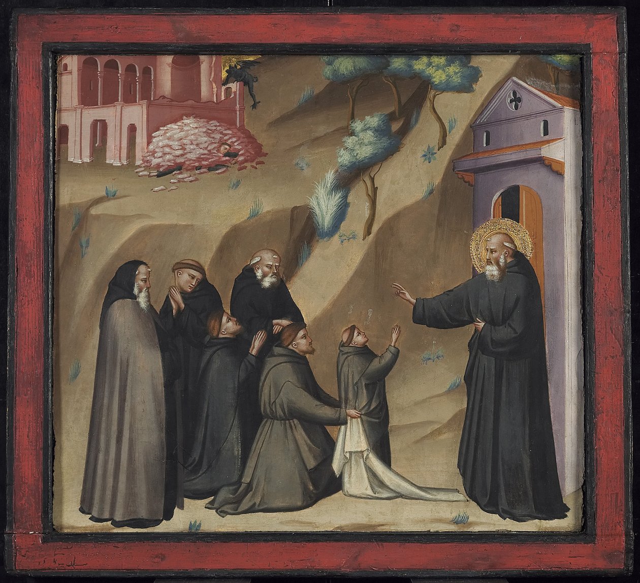 Św. Benedykt przywraca życie młodemu mnichowi, koniec XIV w. (tempera i złoto na płycie) autorstwa Giovanni di Niccolo del Biondo