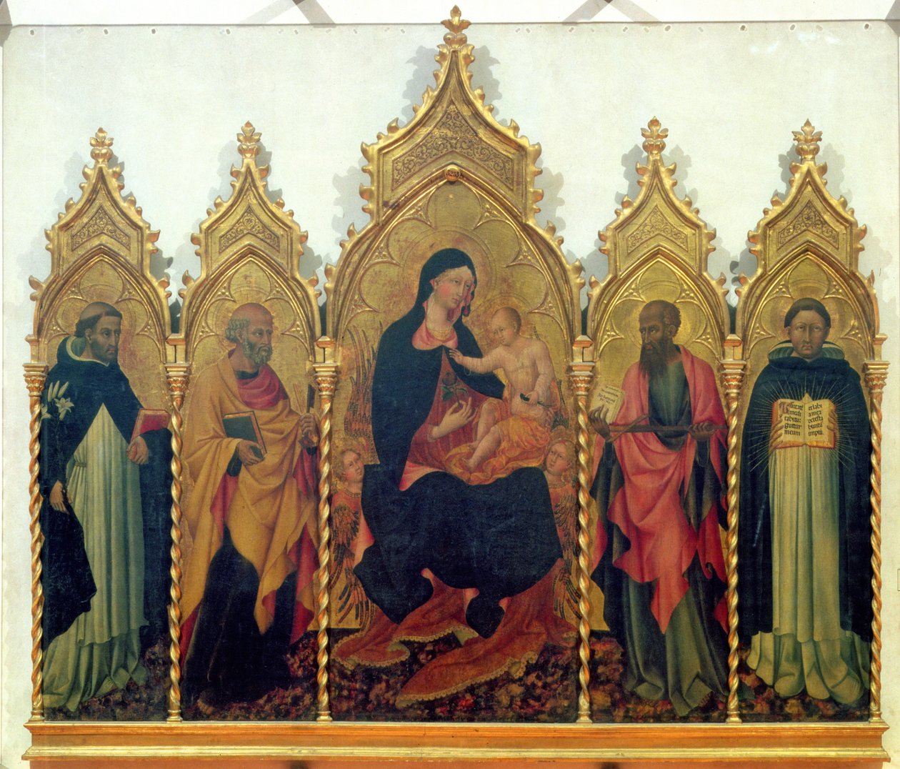 Madonna z Dzieciątkiem z SS. Dominik, Piotr, Paweł i Tomasz z Akwinu, ołtarz, 1445 (tempera na płycie) autorstwa Giovanni di Paolo