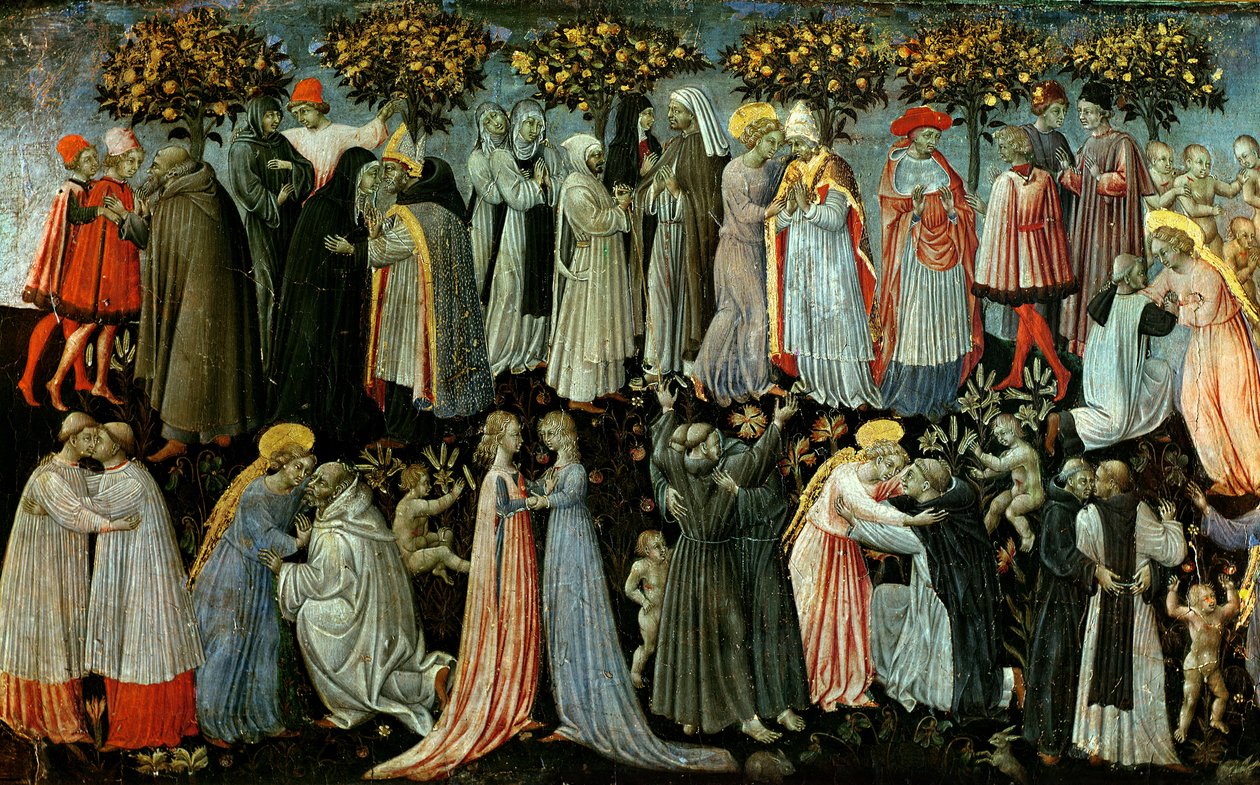 Sąd Ostateczny, fragment predelli przedstawiający Raj, 1460-65 (tempera na desce) (detal z 218797) autorstwa Giovanni di Paolo