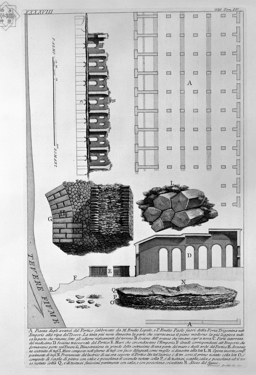 Demonstracja pozostałości portyku zbudowanego przez M. Emilio Lepido i P. Emilio Paolo poza Porta Trigemina w Emporio na brzegu Tybru autorstwa Giovanni Battista Piranesi
