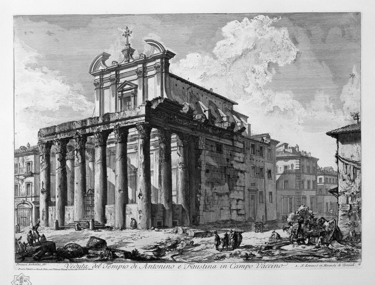 Widok na świątynię Antonina i Faustyny ​​w Campo Vaccino autorstwa Giovanni Battista Piranesi