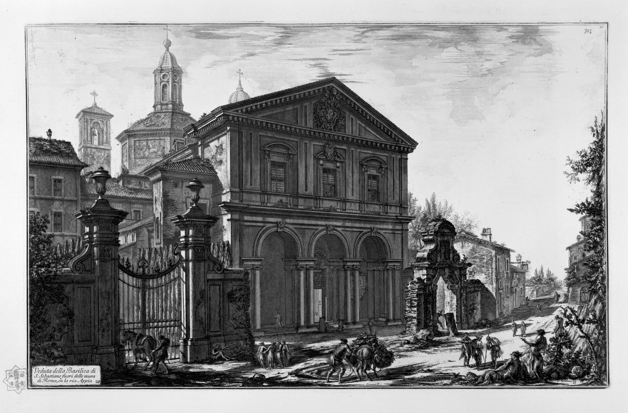 Widok na bazylikę San Sebastiano za murami Rzymu, na Via Appia autorstwa Giovanni Battista Piranesi