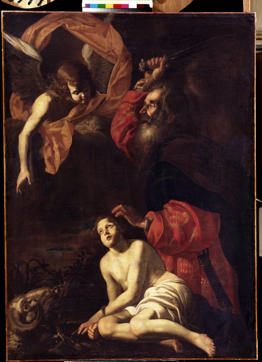 „Abraham składa Izaaka w ofierze” (Ofiara Abrahama Izaaka) Anioł trzyma rękę Abrahama przed ofiarą jego syna Izaaka. Po lewej baran, którego zamiast tego zabije Abraham. Obraz Giovanniego Battisty Caracciolo alias Battistello (1578-1635) 161 autorstwa Giovanni Battista Caracciolo
