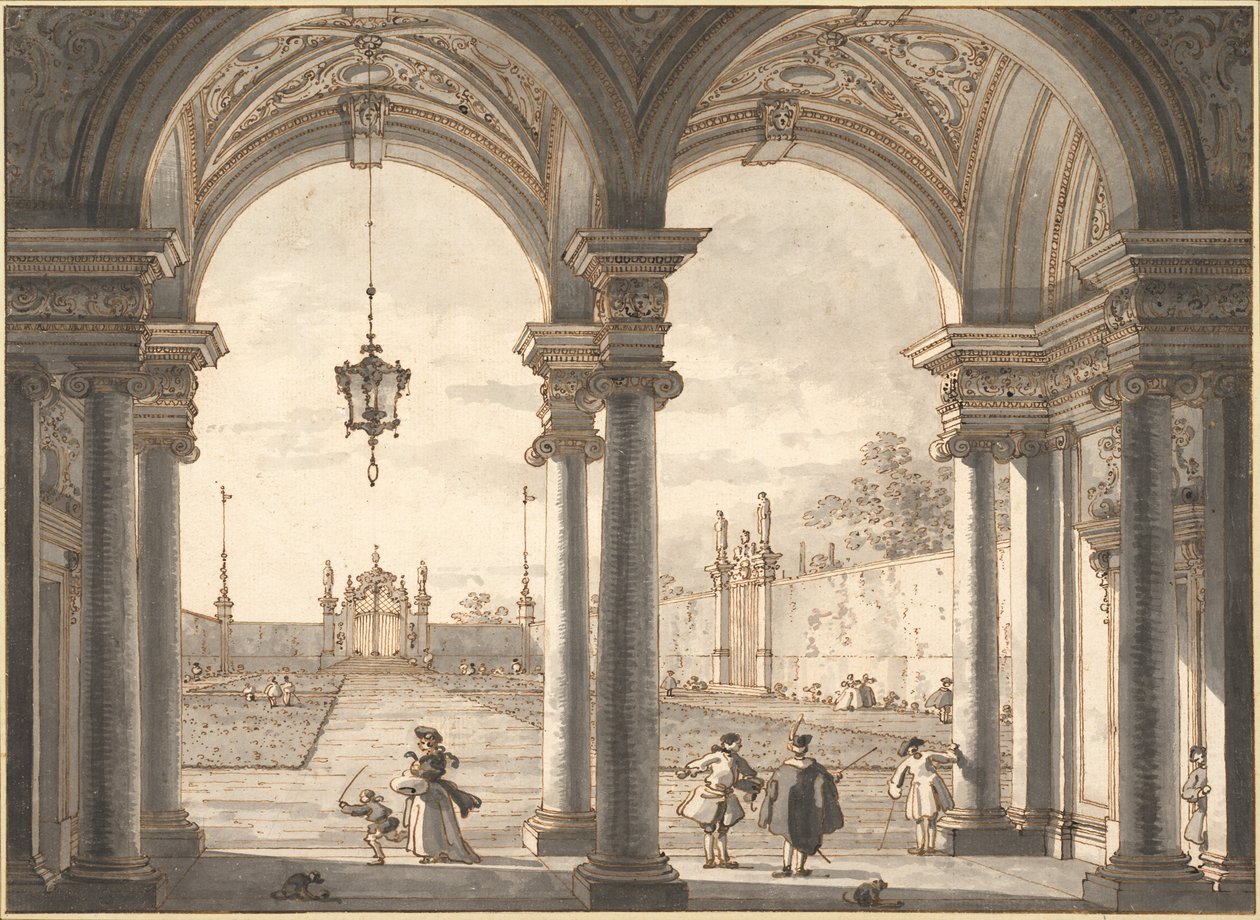 Widok przez barokową kolumnadę na ogród, 1760-1768 autorstwa Giovanni Antonio Canal