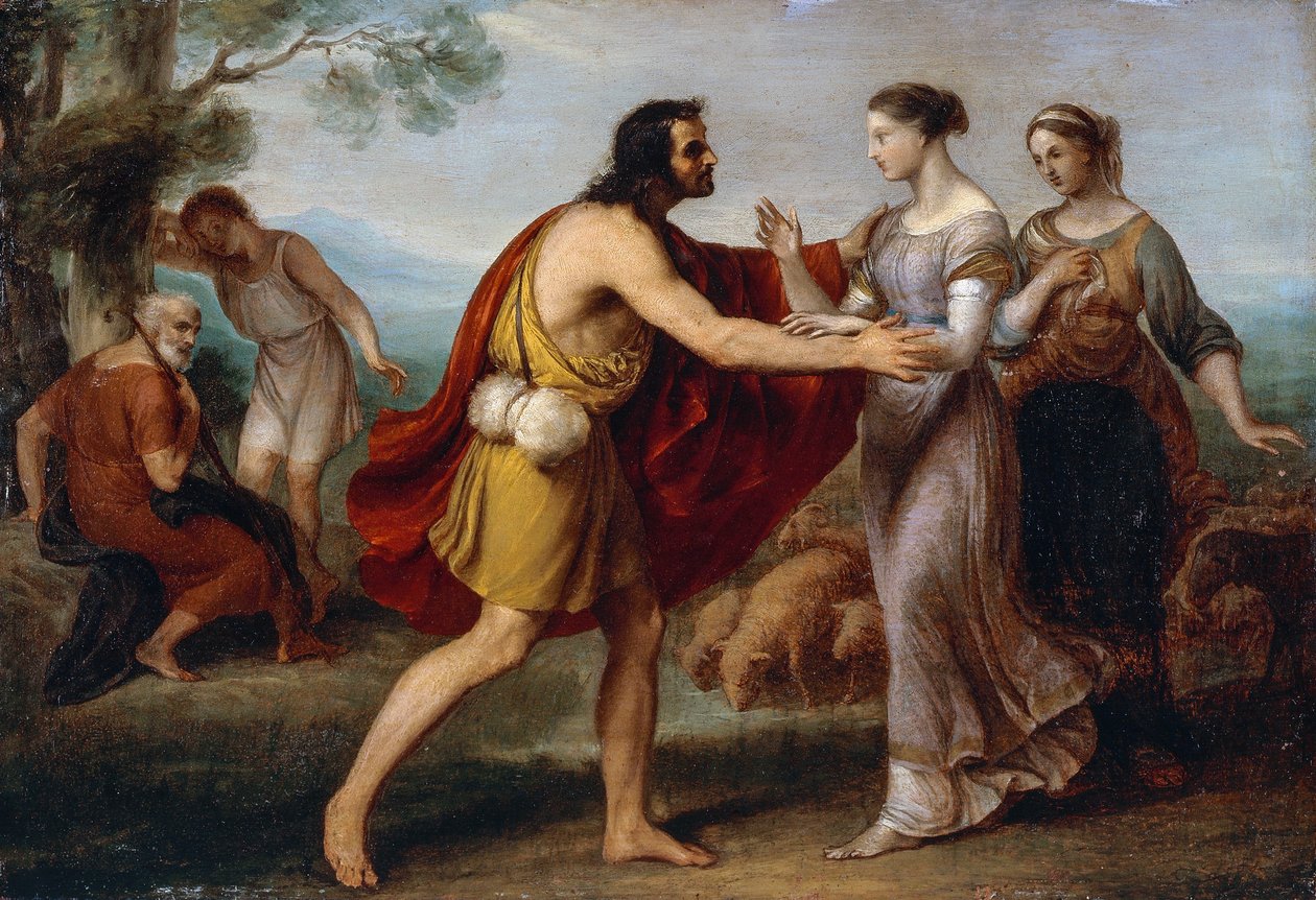 Spotkanie Jakuba i Racheli, Giovanni Carnovali zwanego Piccio (1804-1873), olej na miedzi, 38x53 cm autorstwa Giovanni Carnovali