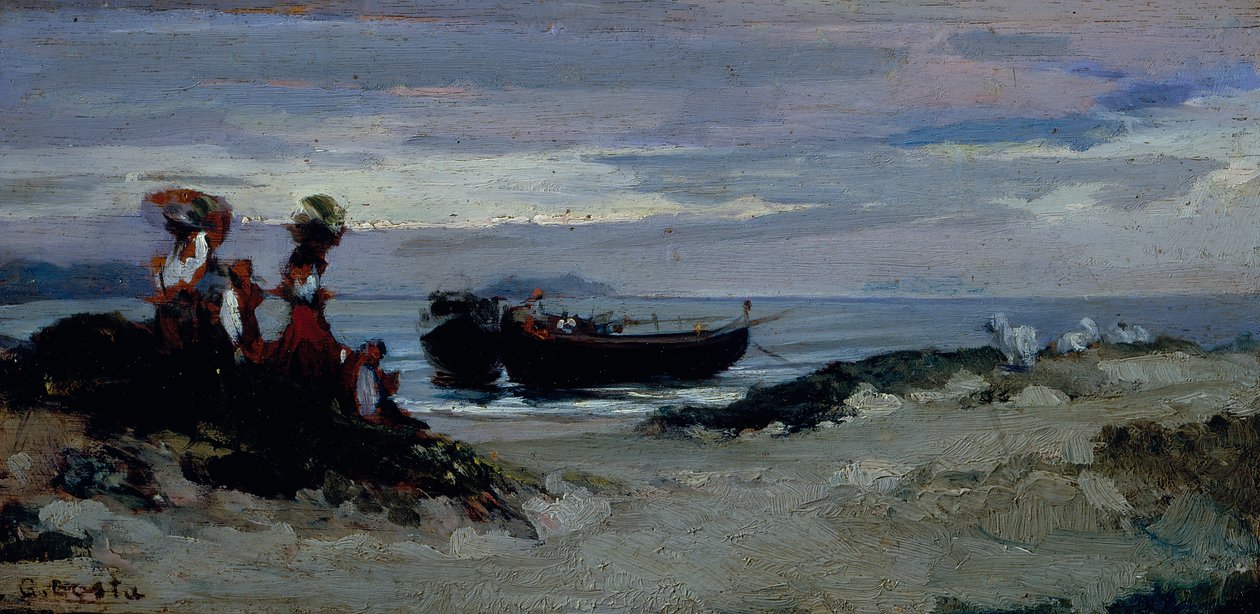 Kobiety wyładowujące drewno na plaży w Anzio, ok. 1852 r. (olej na płycie) autorstwa Giovanni (1826 1903) Costa