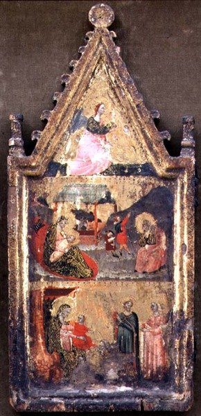T-B: Anioł Zwiastowania; Narodzenia i Zwiastowania Pasterzom; Pokłon Trzech Króli, lewe skrzydło dyptyku (tempera na desce) autorstwa Giovanni (attr. to) Baronzio da Rimini