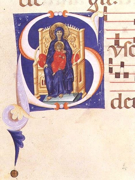 Ms 562 f.16r Historyczny inicjał „S” przedstawiający intronizowaną Madonnę z Dzieciątkiem, z graduału z klasztoru San Jacopo di Ripoli, początek XIV wieku autorstwa Giovanni (follower of) Cimabue