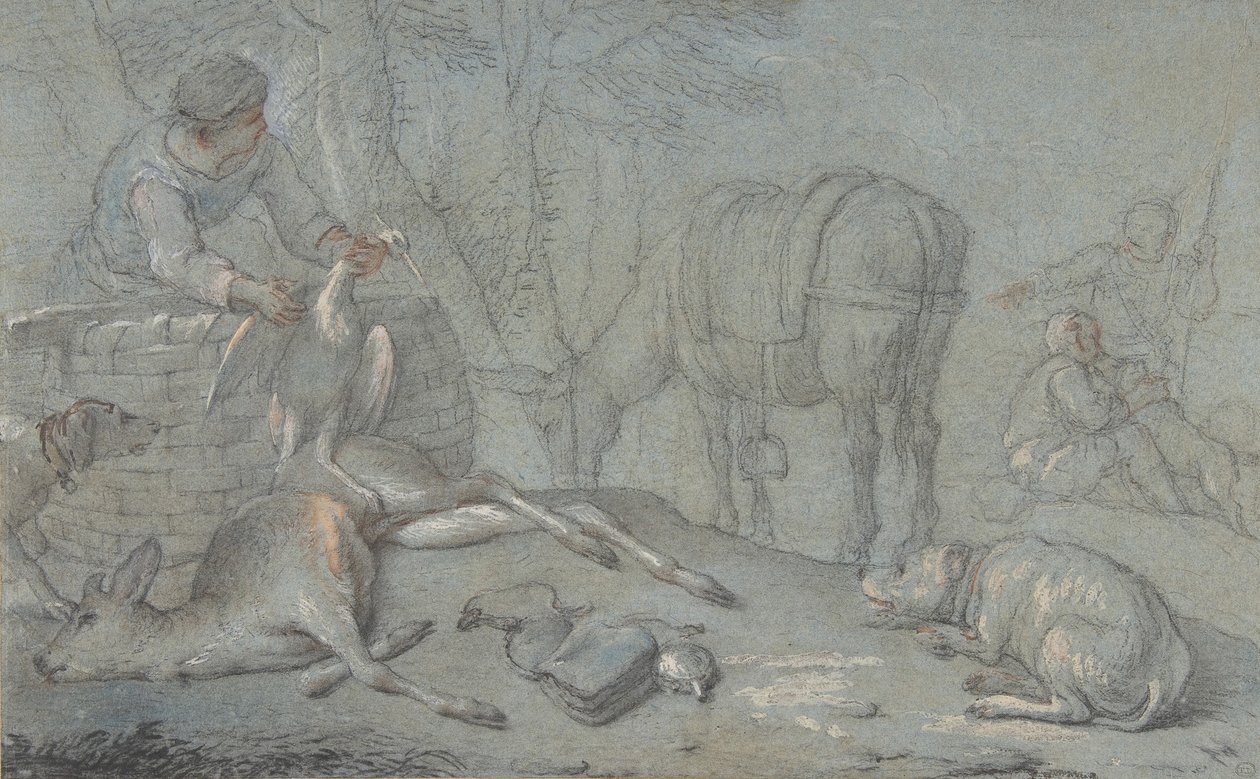 Łowcy z martwą zwierzyną w krajobrazie, 1600-1800. autorstwa Giovanni Agostino Cassana