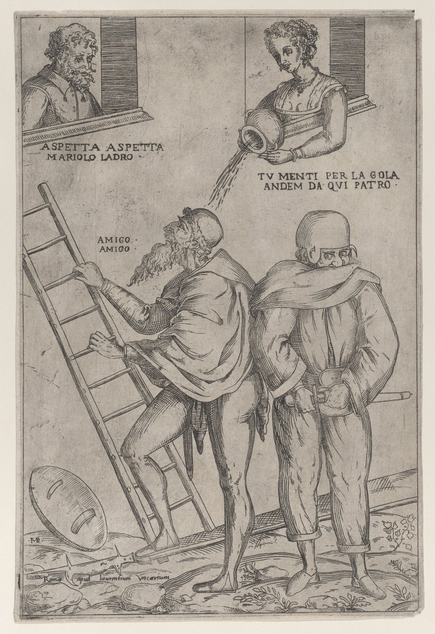 Mężczyzna wspina się po drabinie, a kobieta oblewa go wodą z góry, 1575-99. autorstwa Giovanni Ambrogio Brambilla
