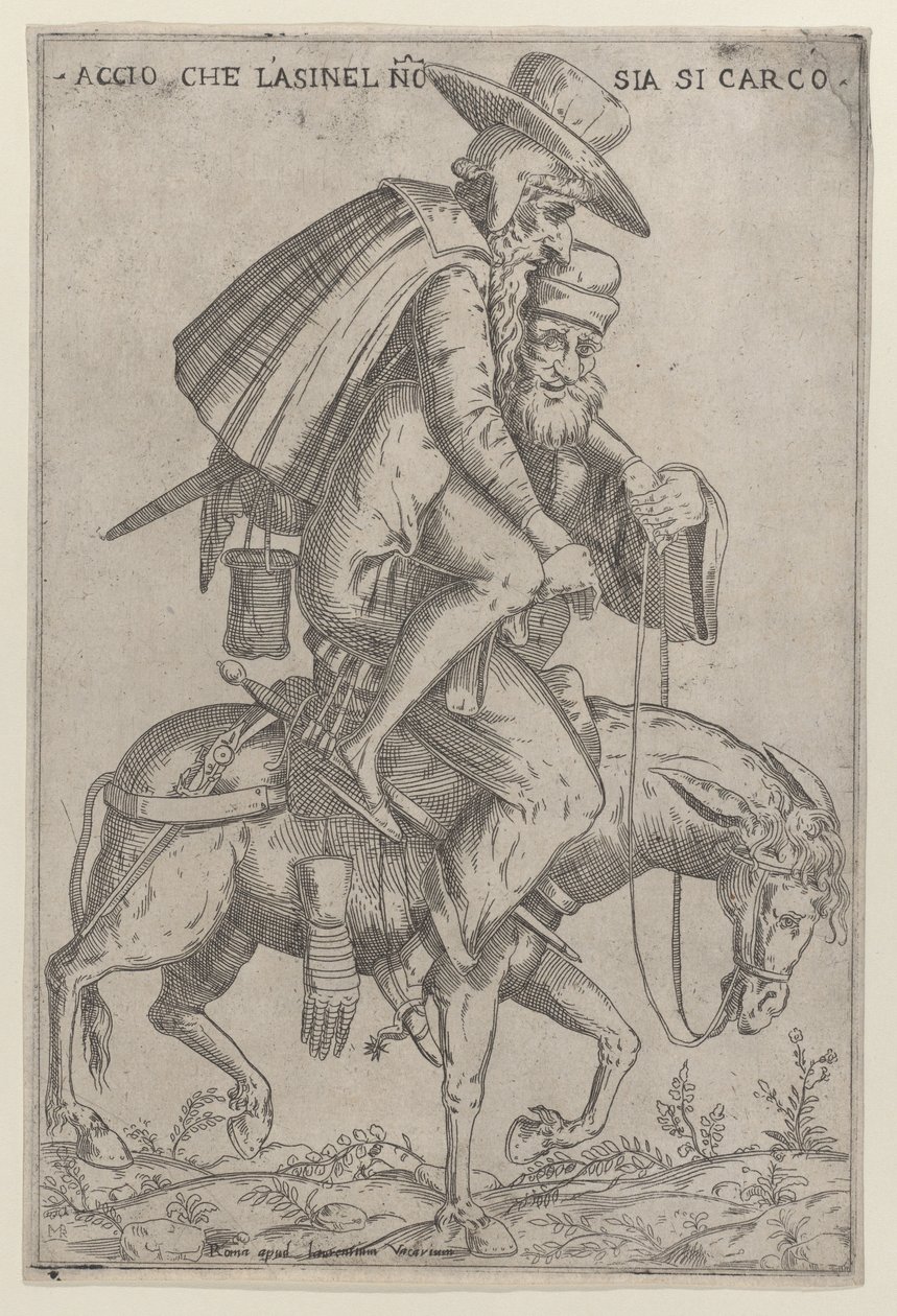 Karykatura z dwoma mężczyznami na mule, 1575-99. autorstwa Giovanni Ambrogio Brambilla