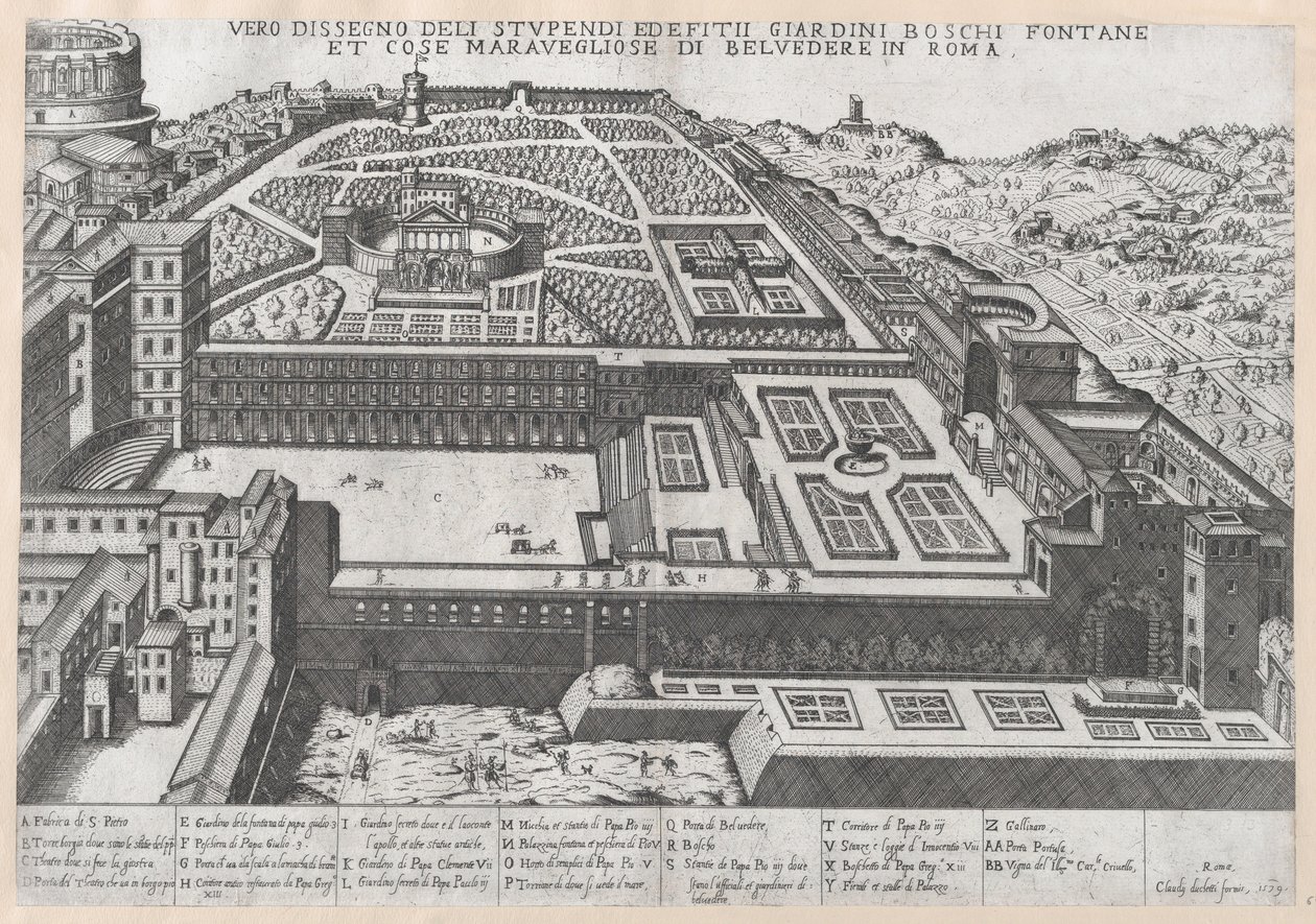 Lustro rzymskiej świetności: widok z lotu ptaka Belwederu i jego ogrodów, 1579., 1579. autorstwa Giovanni Ambrogio Brambilla.