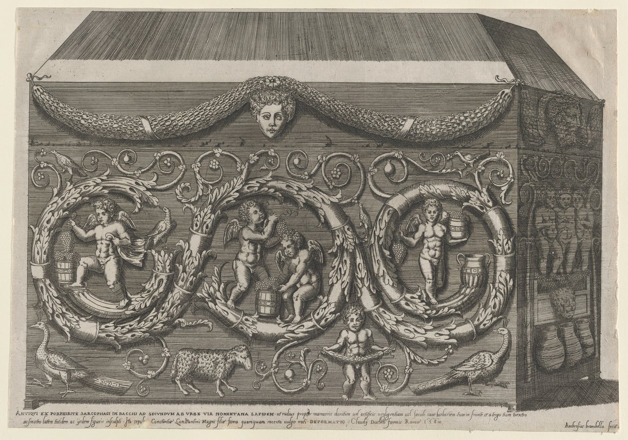 Lustro rzymskiej świetności: zdobiony sarkofag z arabeskami, 1582., 1582. autorstwa Giovanni Ambrogio Brambilla