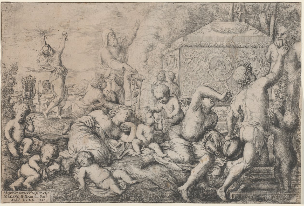 Bachanalia z Ołtarzem, Faunem i Silenus autorstwa Giovanni Andrea Podesta