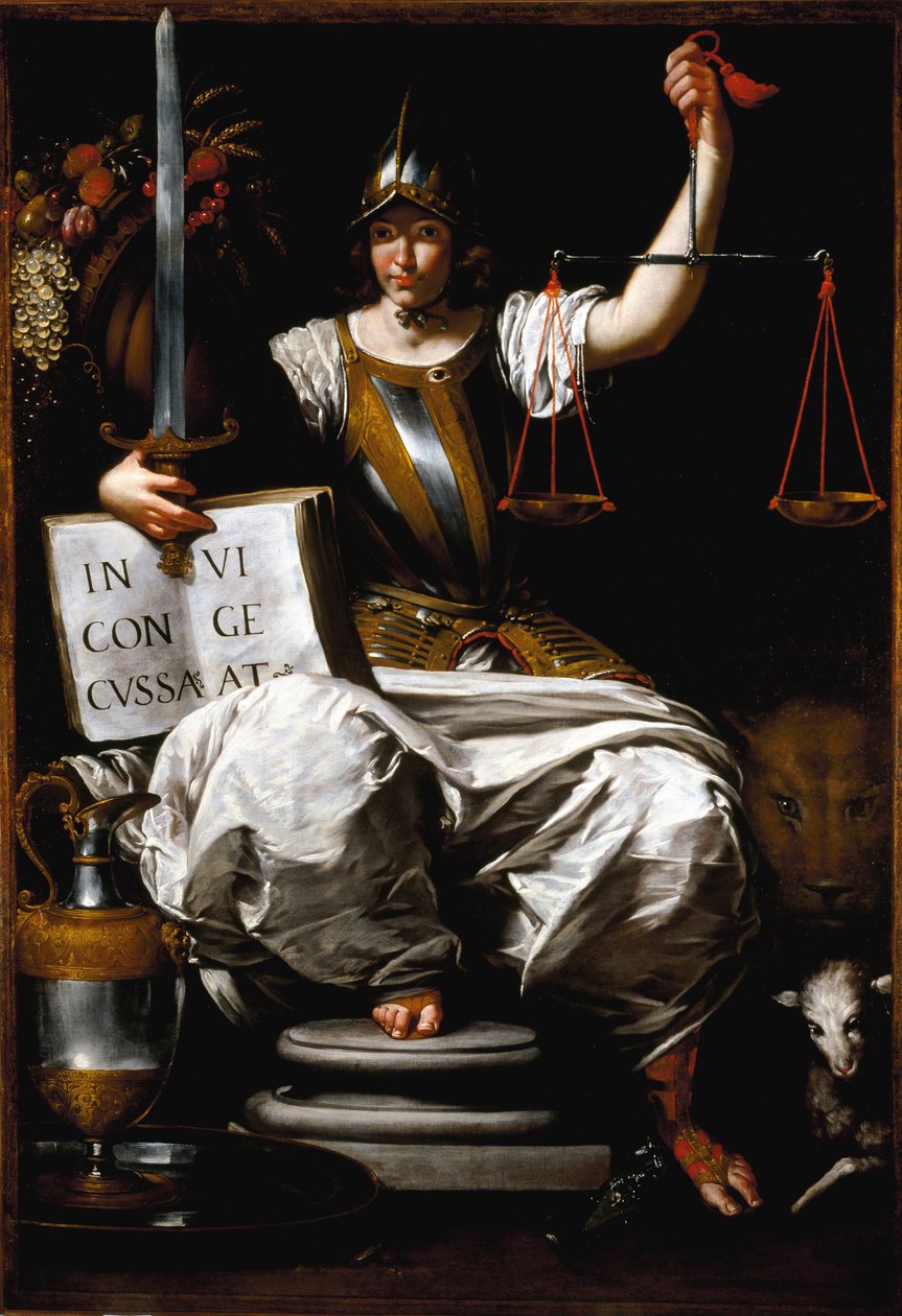 Alegoria sprawiedliwości jako kobieta trzymająca miecz i wagę Obraz Giovanniego Andrei de Ferrari (ok. 1598-1669) Geny z XVII wieku, Galleria di Palazzo Bianco autorstwa Giovanni Andrea di Ferrari