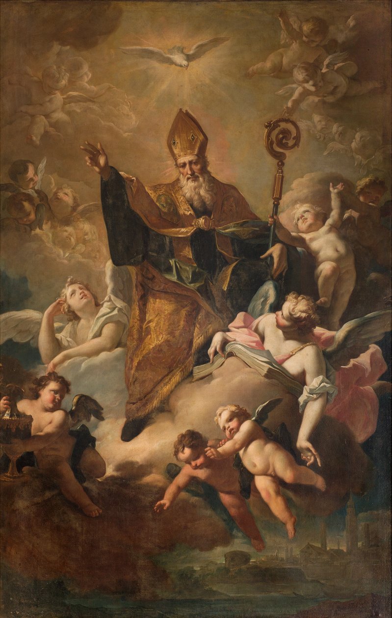 Transept południowy, Ołtarz San Benedetto, Święty Benedykt in Gloria podczas błogosławienia miasta, Ołtarz Giovanniego Angelo Borroniego, San Benedetto in Gloria podczas błogosławienia miasta 1744 autorstwa Giovanni Angelo Borroni