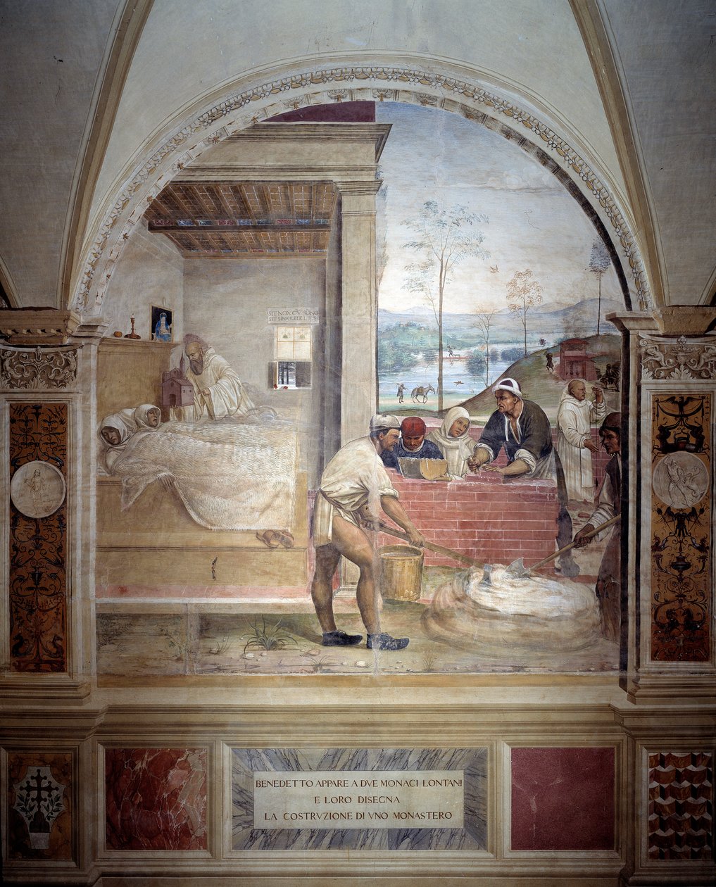 Benedykt ukazuje się dwóm mnichom i przedstawia im projekt klasztornego fresku z chóru autorstwa Antonio Bazzi dit il Sodoma (1477 - 1549) opowiadającego o życiu św. Benedykta z Nursji (480 - 567) założyciela Zakonu Benedyktynów 1503 - 1508 Ab autorstwa Giovanni Antonio Bazzi Sodoma