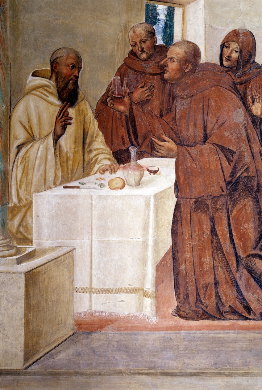 Benedykt rozbija kieliszek zatrutego wina robiąc znak krzyża Szczegółowy fresk chóru wykonany przez Giovana Antonio Bazzi di Sodoma (1477-1549) opowiadający o życiu św. Benedykta z Nursji (480 - 567) założyciela Zakonu Benedyktynów 1505-15 autorstwa Giovanni Antonio Bazzi Sodoma