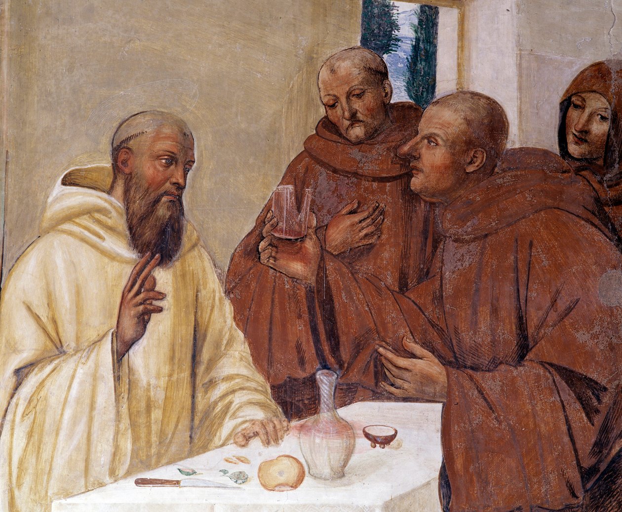 Benedykt tłucze kieliszek zatrutego wina czyniąc znak krzyża Detal fresk kryjówki autorstwa Antonio Bazzi dit il Sodoma (1477 - 1549) opowiadający o życiu św. Benedykta z Nursji (480 - 567) założyciela Zakonu Benedyktynów 1503 - 1508 autorstwa Giovanni Antonio Bazzi Sodoma