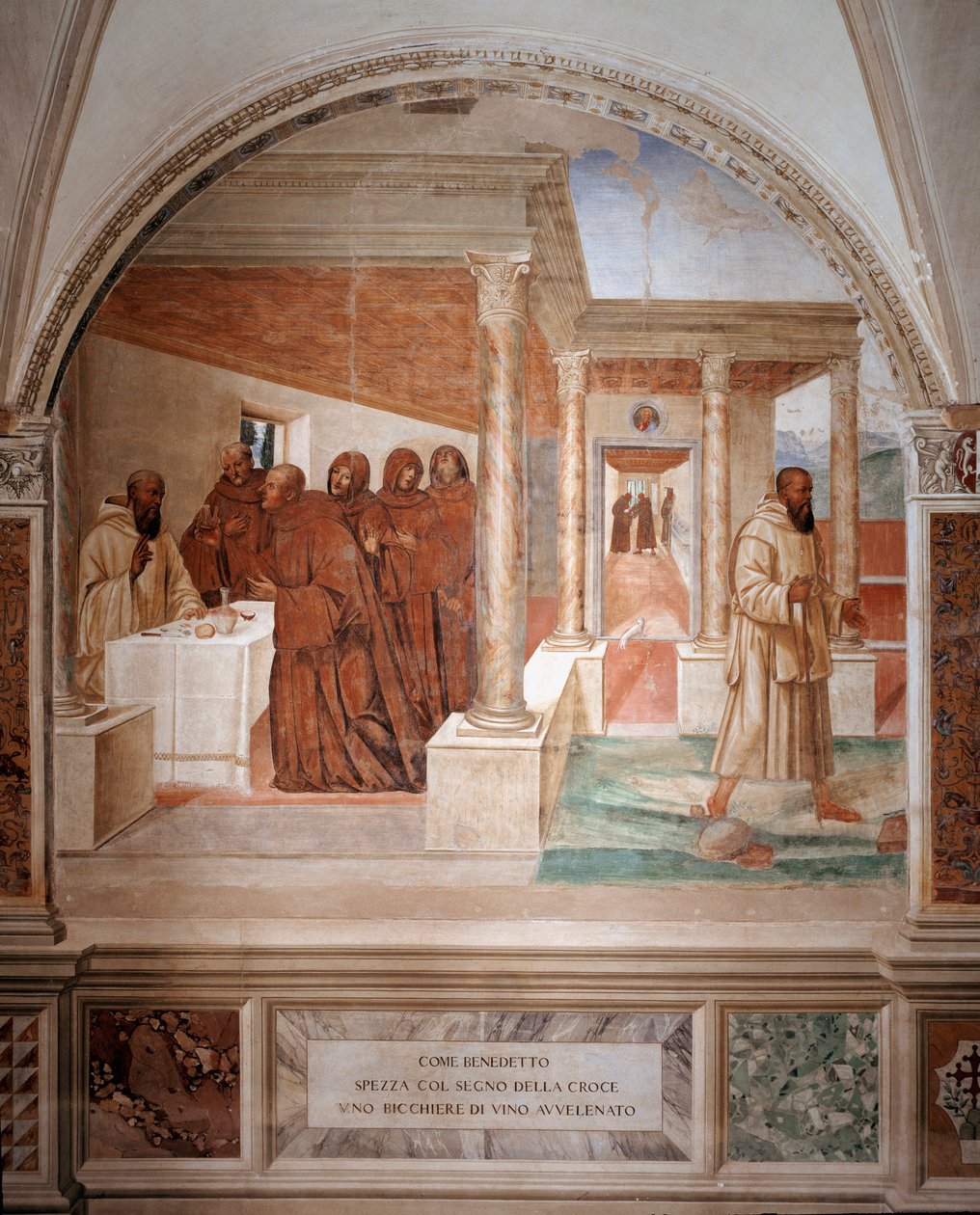 Benedykt tłucze kieliszek zatrutego wina czyniąc znak krzyża fresk kryjówki wykonany przez Antonio Bazzi dit il Sodoma (1477 - 1549) opowiadający o życiu św. Benedykta z Nursji (480 - 567) założyciela Zakonu Benedyktynów 1503 - 1508 Opactwo autorstwa Giovanni Antonio Bazzi Sodoma