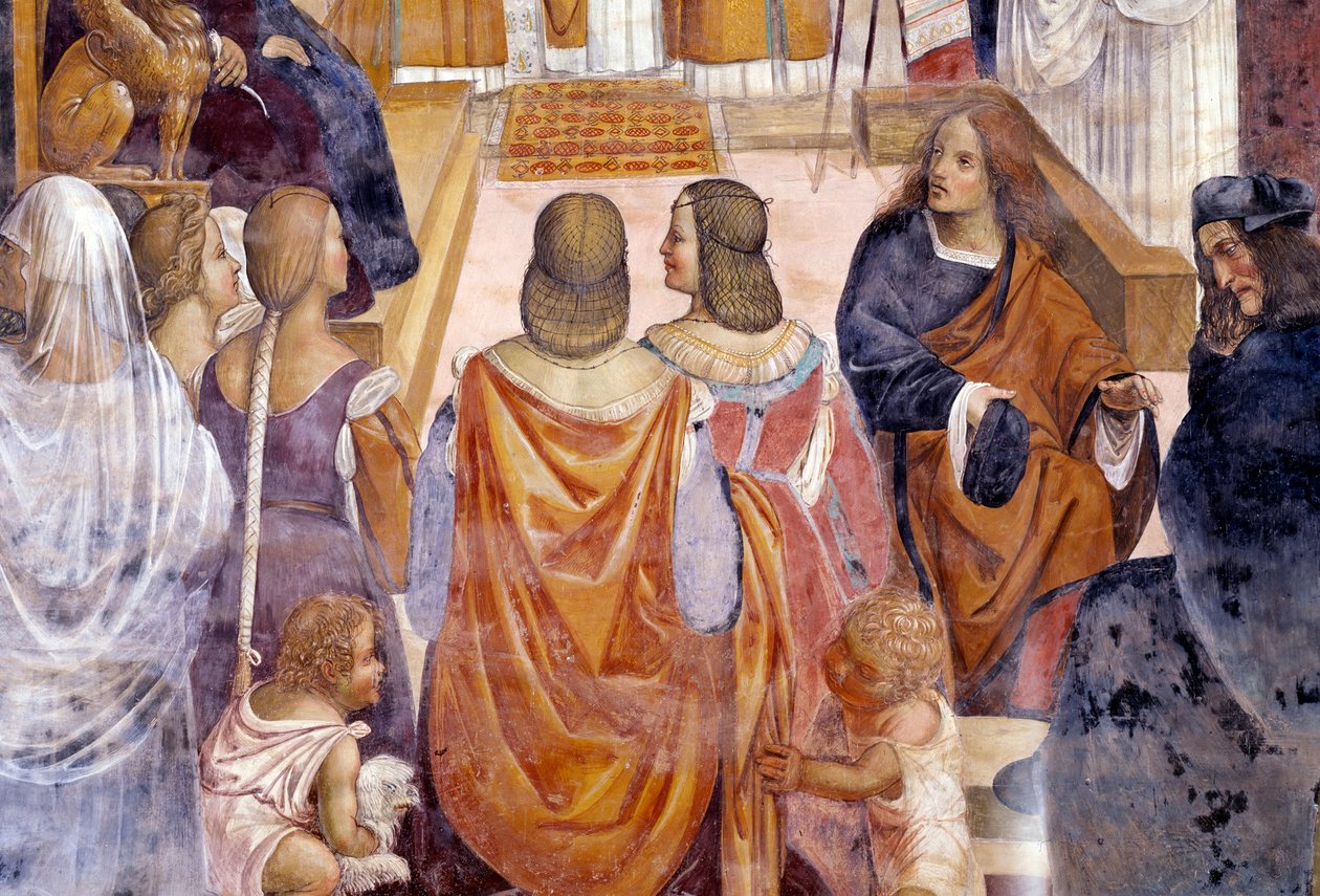 Benedykt ekskomunikował dwie zakonnice i rozgrzeszył je po ich śmierci Szczegół Fresk krużgankowy autorstwa Antonio Bazzi dit il Sodoma (1477 - 1549) opowiadający o życiu św. Benedykta z Nursie (480 - 567) założyciela zakonu benedyktynów 1503 - 1508 Opactw autorstwa Giovanni Antonio Bazzi Sodoma