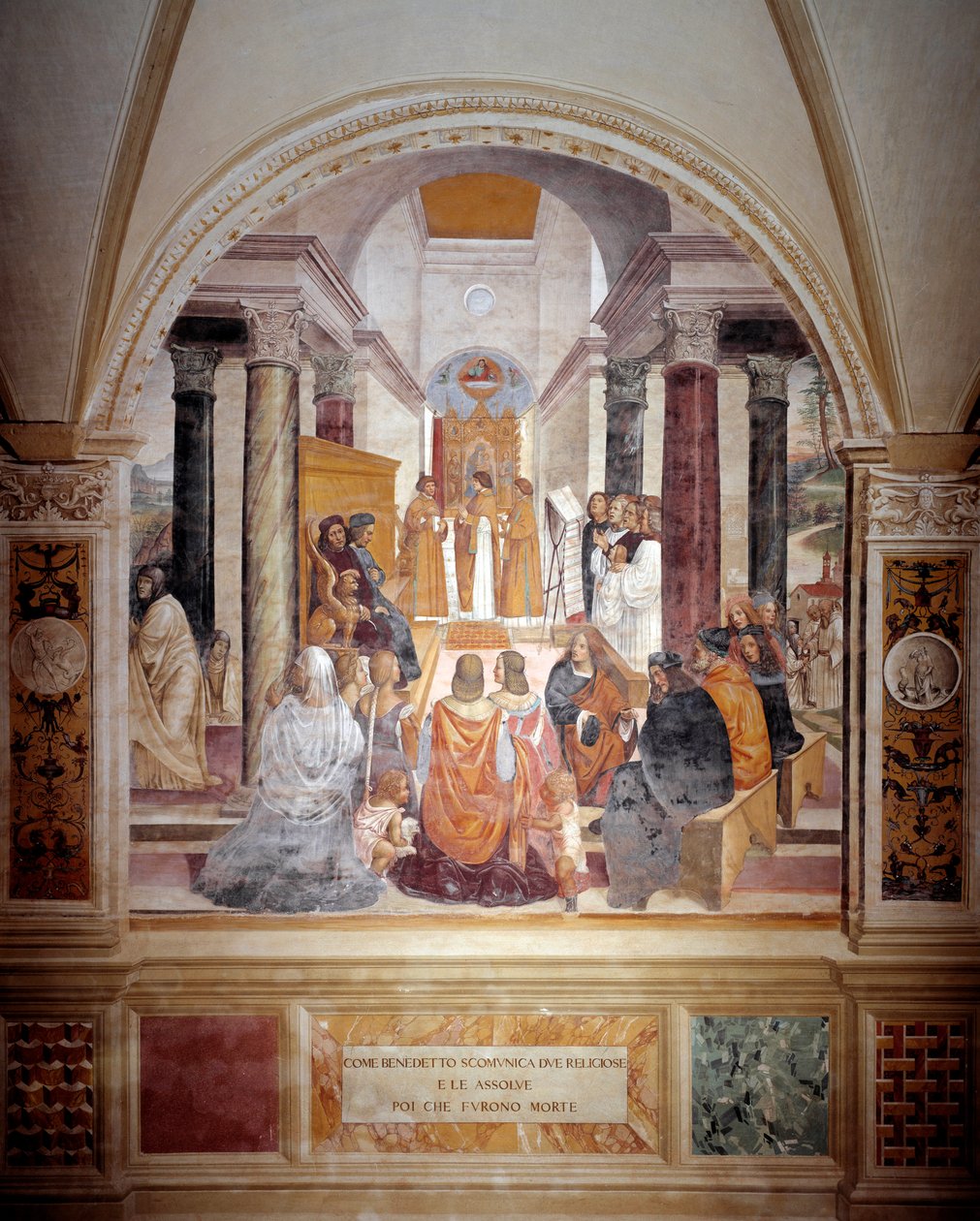 Benedykt ekskomunikował dwie zakonnice i rozgrzeszył je po ich śmierci fresk klasztorny autorstwa Antonio Bazzi dit il Sodoma (1477 - 1549) opowiadający o życiu św. Benedykta z Nursji (480 - 567) założyciela Zakonu Benedyktynów 1503 - 1508 Ab autorstwa Giovanni Antonio Bazzi Sodoma