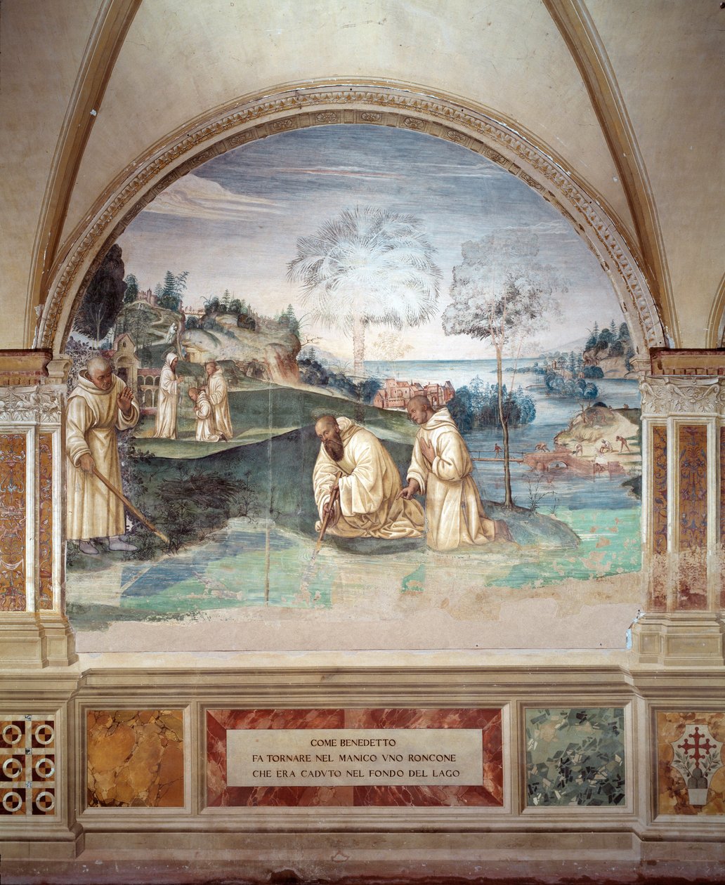 Benedykt dostaje sierp wpadnięty do jeziora fresk krużganka wykonany przez Giovana Antonio Bazzi di Sodoma (1477-1549) opowiadający o życiu św. Benedykta z Nursji (480 - 567) założyciela zakonu benedyktynów 1505-1508 Opactwo na Monte Oliveto Maggiore, Flor autorstwa Giovanni Antonio Bazzi Sodoma