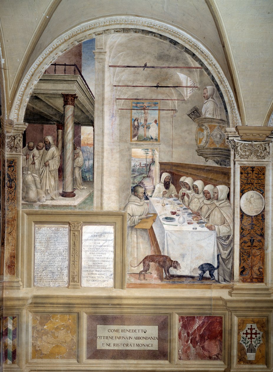 Benedykt dostaje pod dostatkiem mąki i karmi mnichów fresk klasztorny wykonany przez Antonio Bazzi dit il Sodoma (1477 - 1549) opowiadający o życiu św. Benedykta z Nursji (480 - 567) założyciela Zakonu Benedyktynów 1503 - 1508 Opactwo Monte Oliveto autorstwa Giovanni Antonio Bazzi Sodoma