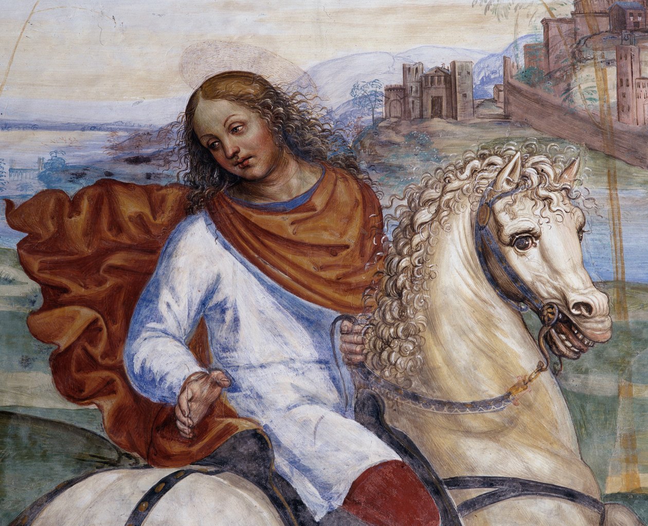 Benedykt opuścił dom ojca i udał się do Rzymu na studia Detal - fresk garderoby zrealizowany przez Antonio Bazzi dit il Sodoma (1477-1549) opowiadający o życiu św. Benedykta z Nursji (480 - 567) założyciela Zakonu Benedyktynów 1503 - 1508 Opactwo autorstwa Giovanni Antonio Bazzi Sodoma